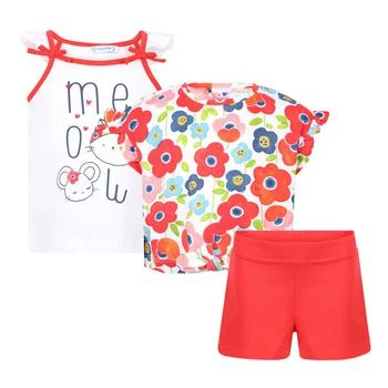 推荐Me o w white top multicolor flowers t shirt and red shorts in set商品