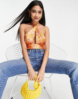 美国Topshop, Topshop | Topshop co-ord 70s floral halter top in orange商品图片 
