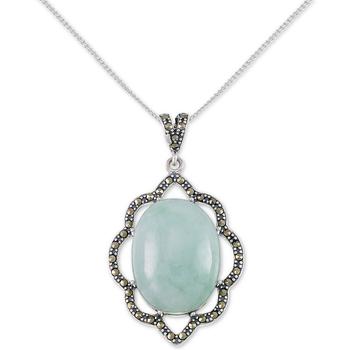 商品Jade (15 x 20 x 6mm) & Marcasite Flower 18" Pendant Necklace in Sterling Silver图片