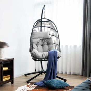 Hivvago | Patio Hanging Egg Chair with Stand Waterproof Cover and Folding Basket-Gray,商家Premium Outlets,价格¥1996