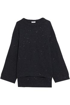 Brunello Cucinelli | Sequin-embellished ribbed cashmere and silk-blend sweater商品图片,3.5折