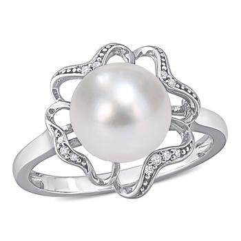 商品9-9.5mm Freshwater Cultured Pearl and Diamond-Accent Floral Cocktail Ring in Sterling Silver图片