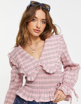 Topshop | Topshop collar check blouse in pink商品图片,4.6折
