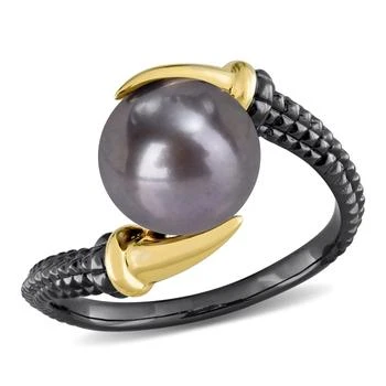 推荐Mimi & Max 9.5-10mm Black Cultured Freshwater Pearl on Two-Tone Crossover Ring in Yellow and Black Rhodium Plated Sterling Silver商品