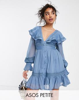 ASOS DESIGN Petite lace insert mini dress with ruffle detail and button through product img
