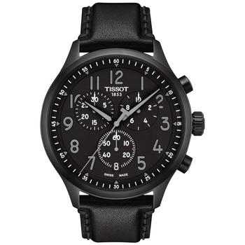 推荐Men's Swiss Chronograph XL Vintage Black Leather Strap Watch 45mm商品