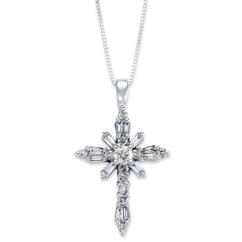 Macy's | Diamond Baguette Cross Pendant Necklace in 14k White Gold (1/2 ct. t.w.)商品图片,独家减免邮费