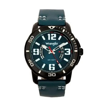 Wrangler | Men's Watch, 48MM IP Black Case with White Printed Arabic Numerals on Outer Black Bezel, Blue Dial with Dual Crescent Windows, Date Function, Blue Strap with White Accent Stitch Analog 