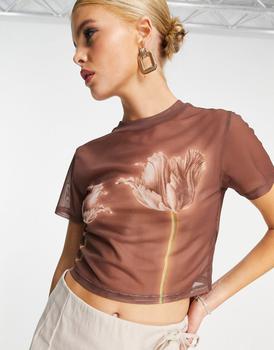 推荐Reclaimed Vintage mesh floral print short sleeve top in brown商品
