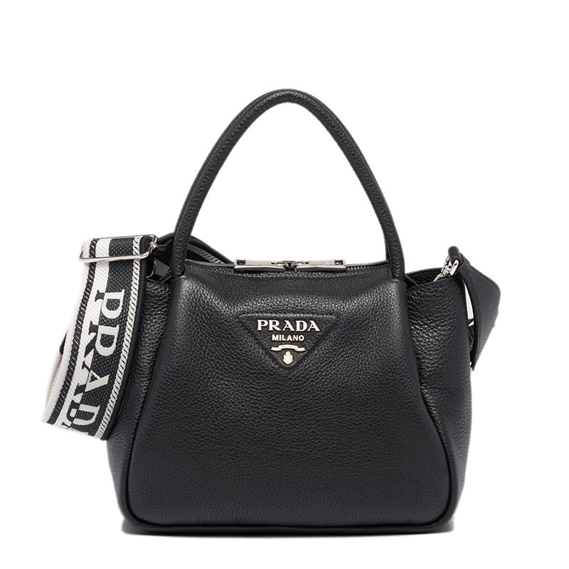 Prada | PRADA/普拉达 22春夏新款 女士小号黑色皮革饰有三角徽标配织物肩带拉链开合单肩斜跨手提包1BC145_2DKV_F0002_V_3OO商品图片,额外9.5折, 包邮包税, 额外九五折