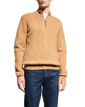 推荐Men's Wool-Cashmere Argyle Quarter-Zip Sweater商品