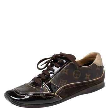 lv低帮鞋, [二手商品] Louis Vuitton | Louis Vuitton Brown Monogram Canvas, Patent Leather and Suede Globe Trotter Low-Top Sneakers Size 38商品图片 7.6折, 满1件减$100, 满减