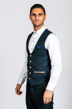yee si, Marc Darcy | Marc Darcy Glen Navy Tweed Waistcoat Mens Blue 34" Chest Si商品图片 