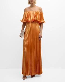 UNGARO | Nikita Pleated Cold-Shoulder Metallic Gown,商家Neiman Marcus,价格¥8261