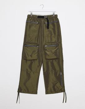 推荐ASOS DESIGN wide leg trousers in khaki nylon with webbed belt商品