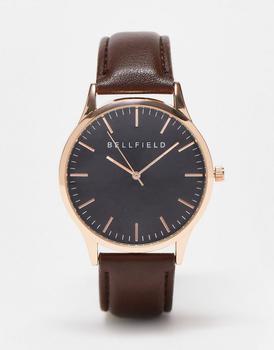 推荐Bellfield faux leather strap watch in brown with black dial商品