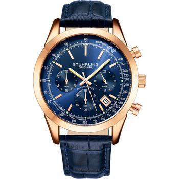 推荐Men's Quartz Chronograph Date Blue Alligator Embossed Genuine Leather Strap Watch 44mm商品