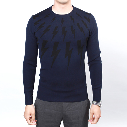 推荐NEIL BARRETT 男士蓝色羊毛圆领针织衫 PBMA332-A605-167商品