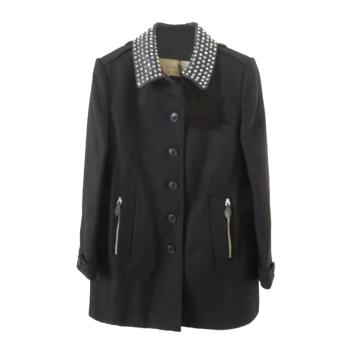 时尚burberry大衣女装, Burberry | Burberry 博柏利 女士黑色羊毛领口拼皮铆钉设计长款保暖大衣 3966124商品图片 满$100享9.5折, 满折