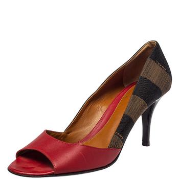 芬迪鞋多少钱, [二手商品] Fendi | Fendi Red Leather And Brown Pequin Canvas Peep Toe Pumps Size 39.5商品图片 7.4折