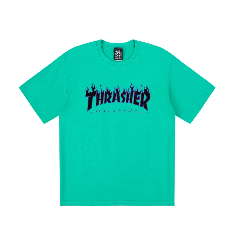 推荐THRASHER 蓝色火焰logo印花短袖T潮版男女同款绿色 THR8026商品
