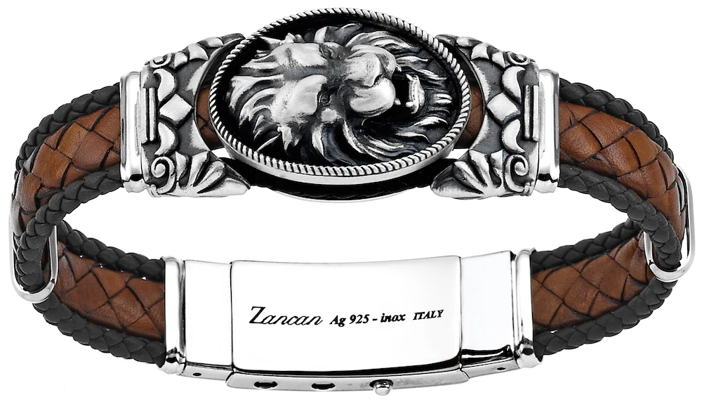 Zancan | Leather and silver bracelet, plate with lion head engraved,商家Zancan Gioielli,价格¥2862