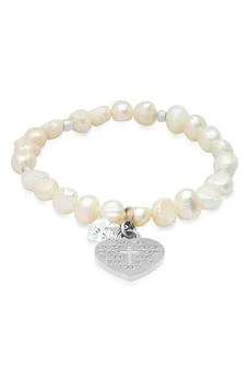 HMY JEWELRY | Mom Cross Heart Charm Stainless Steel Simulated Diamond Imitation Pearl Stretch Bracelet,商家Nordstrom Rack,价格¥203