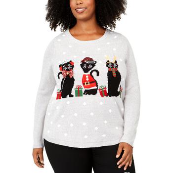 Karen Scott | Karen Scott Womens Plus Cats Graphic Knit Christmas Sweater商品图片,1.8折×额外9折, 额外九折
