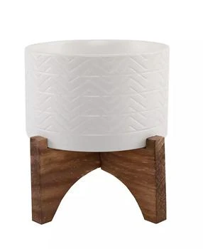 Flora Bunda | Wavy Ceramic Planter on Wood Stand, 6.25",商家Macy's,价格¥419