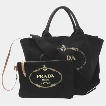 prada包, [二手商品] Prada | Prada Black Canapa Logo Print Tote Bag with Pouch商品图片 