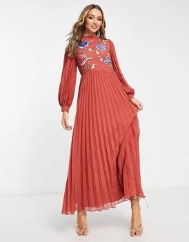 ASOS | ASOS DESIGN high neck pleated embroidery maxi dress in rust 7折