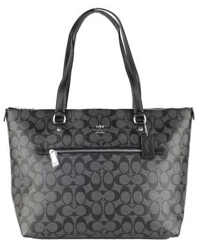 推荐Coach Signature Coated Canvas Graphite Black Leather Gallery Tote Handbag商品