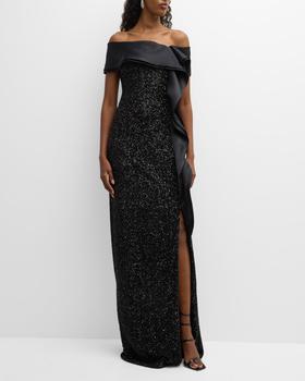 商品Teri Jon | Off-Shoulder Ruffle Column Gown,商家Neiman Marcus,价格¥7103图片