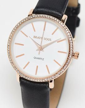 推荐Brave Soul faux leather strap watch with diamante detail in black and gold商品