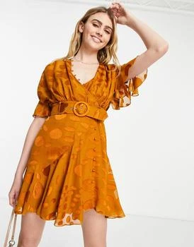 ASOS | ASOS DESIGN mini dress with rouloux details and belt in rust warped spot 4折, 独家减免邮费