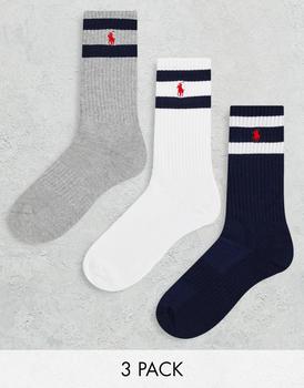 推荐Polo Ralph Lauren 3 pack socks in white, grey, navy with pony stripe商品