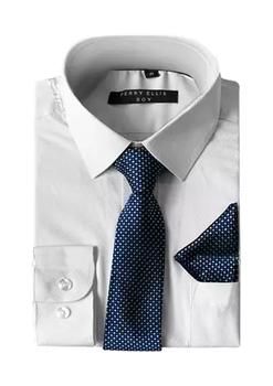 推荐Boys 4-20 Solid White Dress Shirt with Textured Indigo Tie商品
