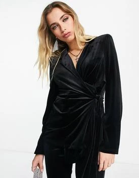 推荐ASOS DESIGN velvet suit blazer with side wrap belt in black商品