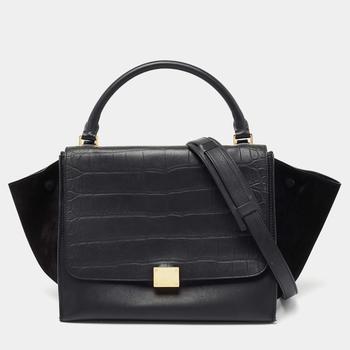 celine bag, [二手商品] Celine | Celine Black Croc Embossed, Leather and Suede Medium Trapeze Bag商品图片 8.7折, 满1件减$100, 满减