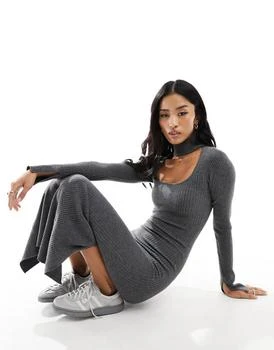 Bershka | Bershka choker neck knitted maxi dress in charcoal 