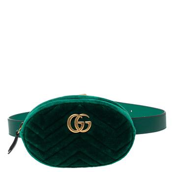 古驰腰包, [二手商品] Gucci | Gucci Green Matelassé Velvet GG Marmont Belt Bag商品图片 7.2折, 满1件减$100, 满减