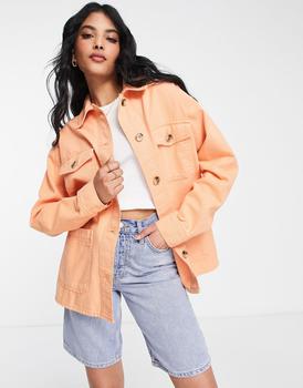 Topshop | Topshop oversized long sleeve shirt jacket with branded woven label in orange商品图片,