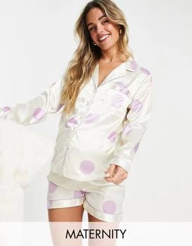 推荐Night Maternity satin oversized polka dot short pyjama set in lilac and cream商品