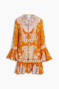Camilla | Jacquard-paneled embellished printed silk crepe de chine mini dress商品图片,4.9折