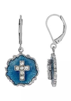 推荐Silver Tone Blue Enamel Crystal Cross Round Earrings商品
