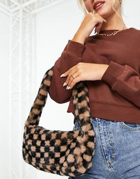 asos腋下包, ASOS | ASOS DESIGN 90s shoulder bag with checkerboard faux fur in brown商品图片 5折