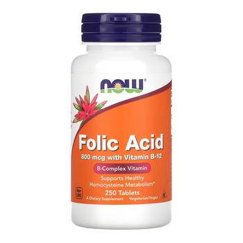 商品Now Foods Folic Acid 800 mcg with Vitamin B-12 Tablets, 250 Ea图片