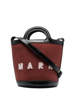 Marni | Brown Bucket Shoulder Bag in Calf Leather and Wool and Cotton Blend with Adjustable and Removable Shoulder Strap商品图片,6.6折×额外9折, 额外九折