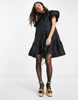 Topshop | Topshop premium puff sleeve floral jacquard mini dress in black 6折