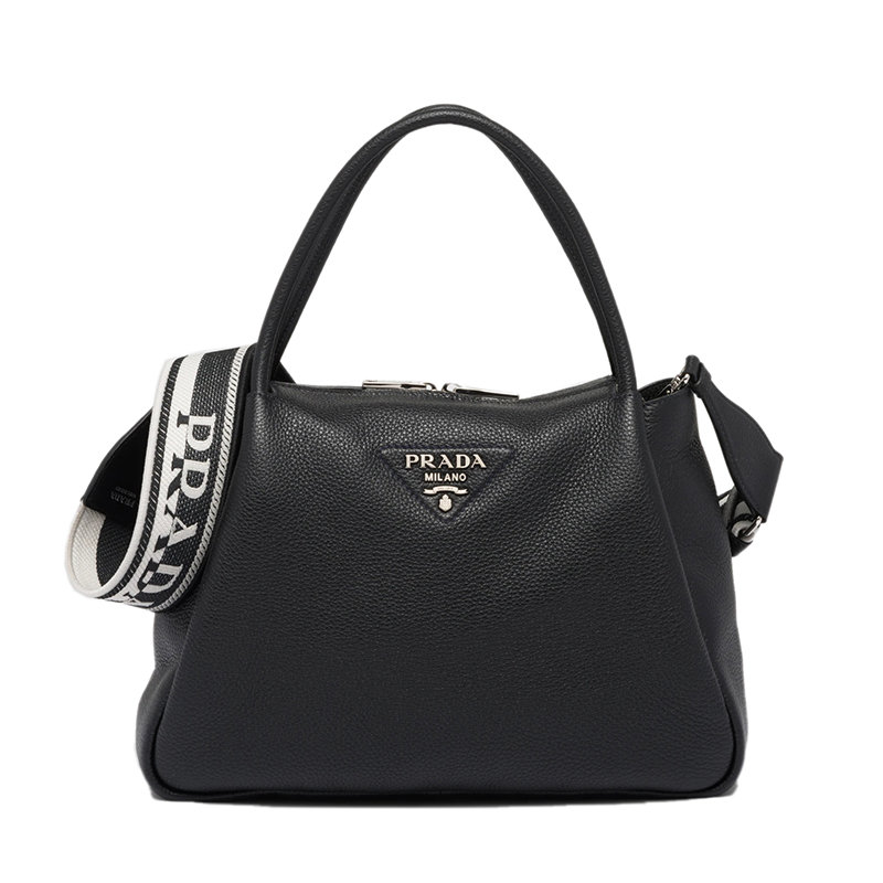 Prada | 【预售3-7天】PRADA/普拉达 22春夏新款 女士大号黑色皮革饰有三角徽标配织物肩带拉链开合单肩斜跨手提包1BC170_2DKV_F0002_V_3OO商品图片,8折, 包邮包税